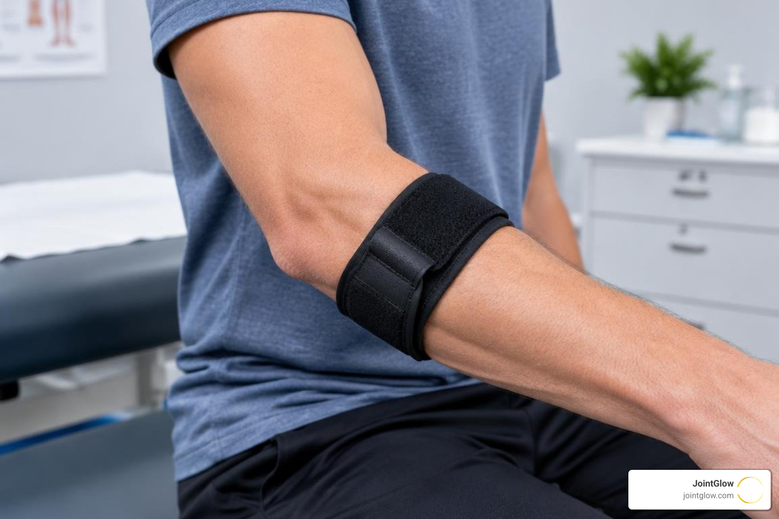 Proper placement of a counterforce elbow strap below the medial epicondyle